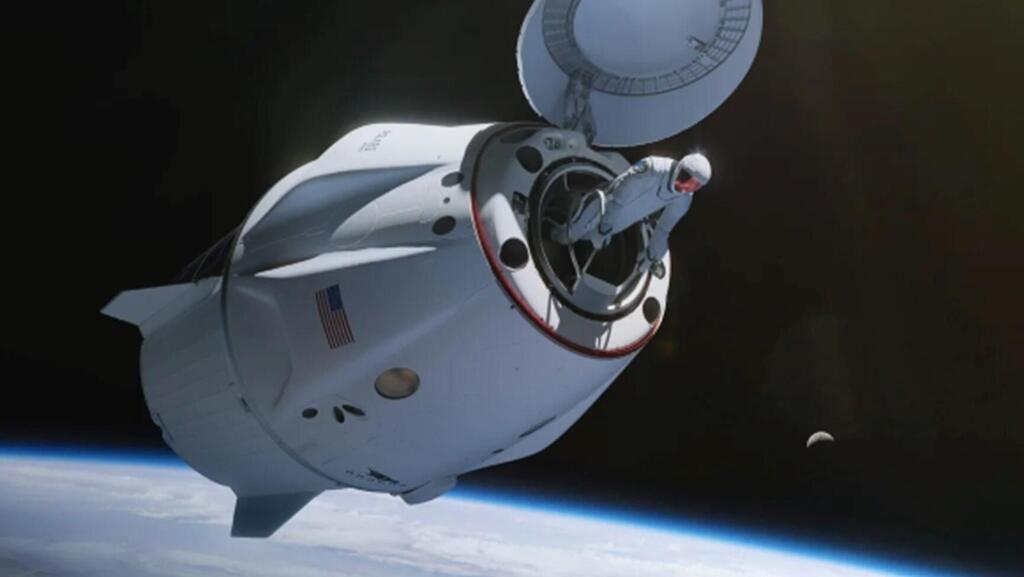 The first spacewalk by private astronauts, breaking historical boundaries. Illustration of an astronaut floating outside the Dragon spacecraft 