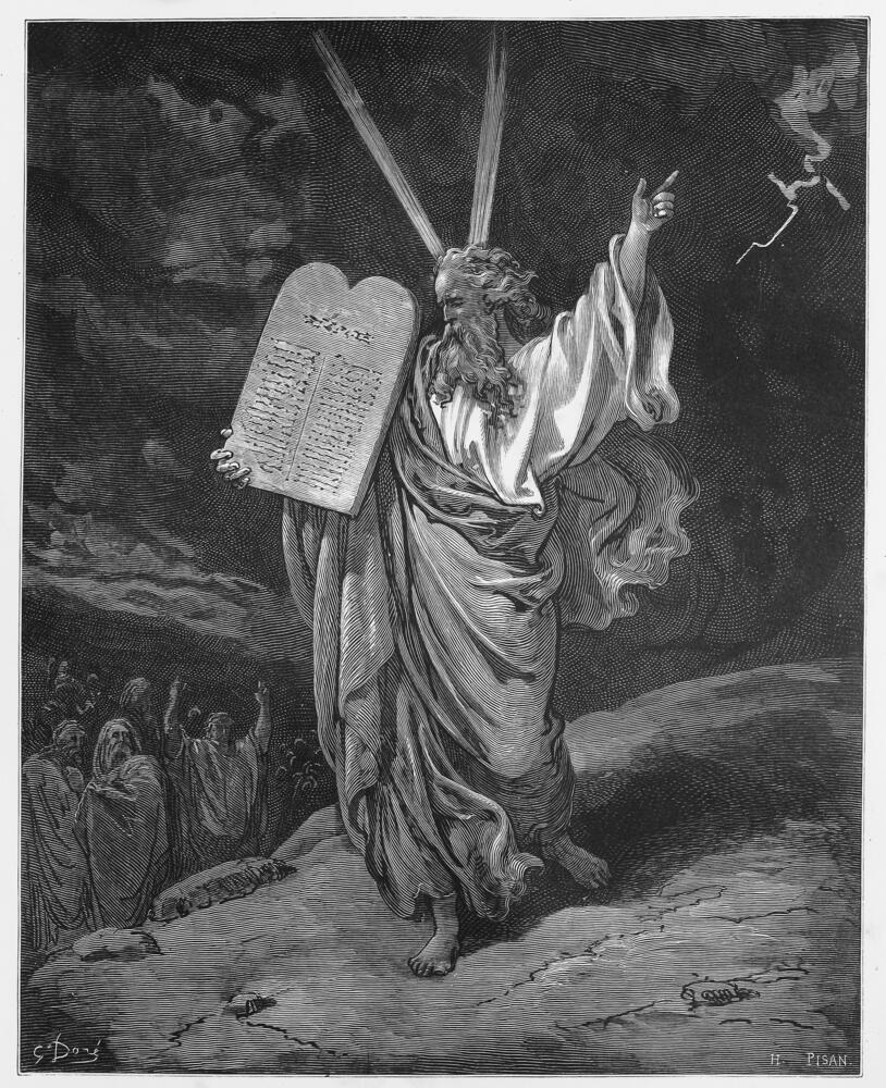 The Midrash explains Pinchas's action by connecting it to Moses's teachings from Mount Sinai (Photo: Shutterstock) משה יורד מהר סיני עם לוחות הברית – מציורי התנ"ך של גוסטב דורה