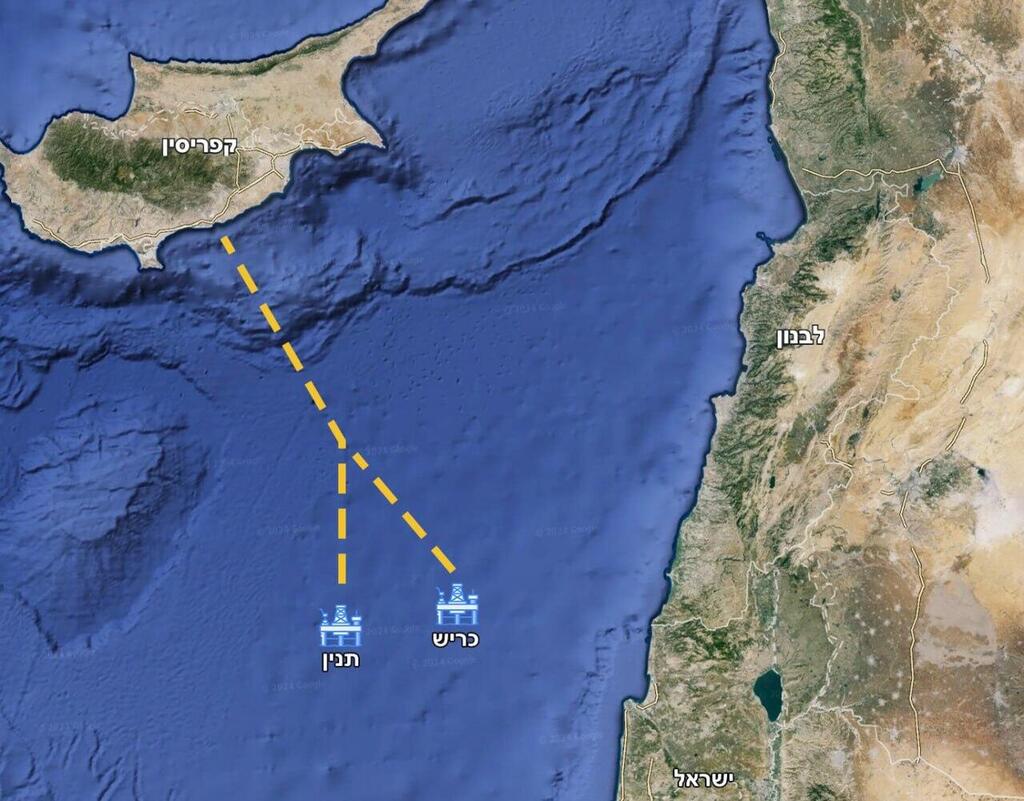 The route of the natural gas pipeline from the Karish and Tanin offshore platforms to Cyprus
תוואי צינור הגז מאסדות כריש ותנין לקפריסין