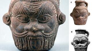 ספלים מתקופות שונות, שנושאים את דיוקנו של האל המצרי בס