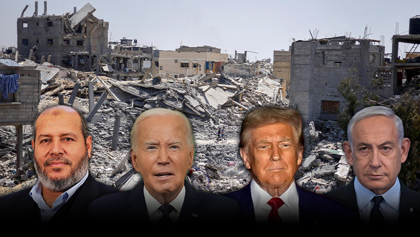 Khalil al-Hayya, Joe Biden, Donald Trump, Benjamin Netanyahu (Photo: Mohammed Salem / Reuters, Erin Schaff/ Reuters, Carlos Osorio / AP, Alex Kolomoisky) הרס ברצועת עזה