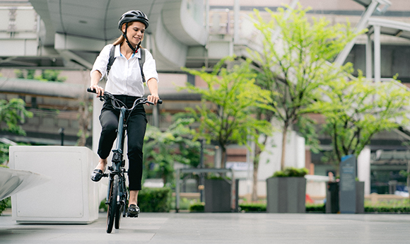 A woman riding a bicycle
