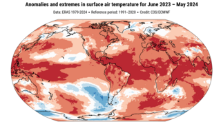Map displays global temperatures from June 2023 to May 2024 compared to the 1991-2020 average. Areas in red indicate significant warming across most of the globe 