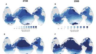 A-B: Sea level in 2150 and 2500 under a moderate warming model; E-F: Sea level under a rapid warming model. Projections of ocean level changes due to Antarctic ice loss 