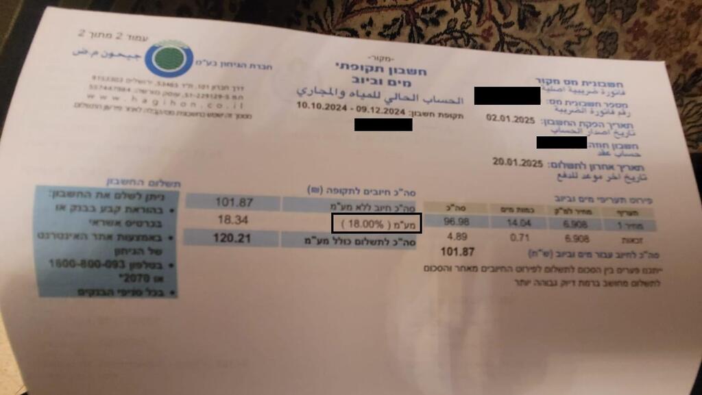החשבון שקיבל אחד הלקוחות לפי מע"מ של 18%