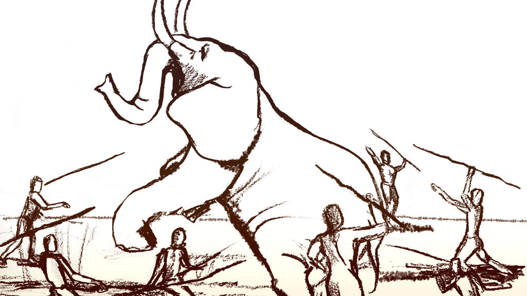 Cavemen hunting elephant (Illustration: Ran Barkai, Dana Arcfeld/Tel Aviv University's Department of Archaeology) ציד פיל ענק