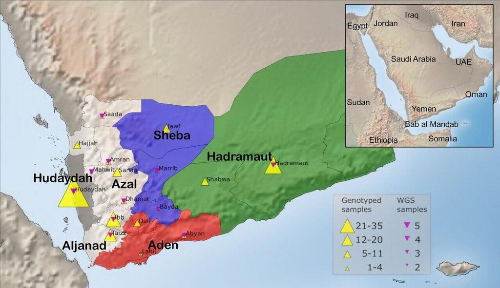 The Yemen region and the countries that influenced its population (Photo: Scientific Reports 2024) אזור תימן והמדינות שהשפיעו על אוכלוסייתה