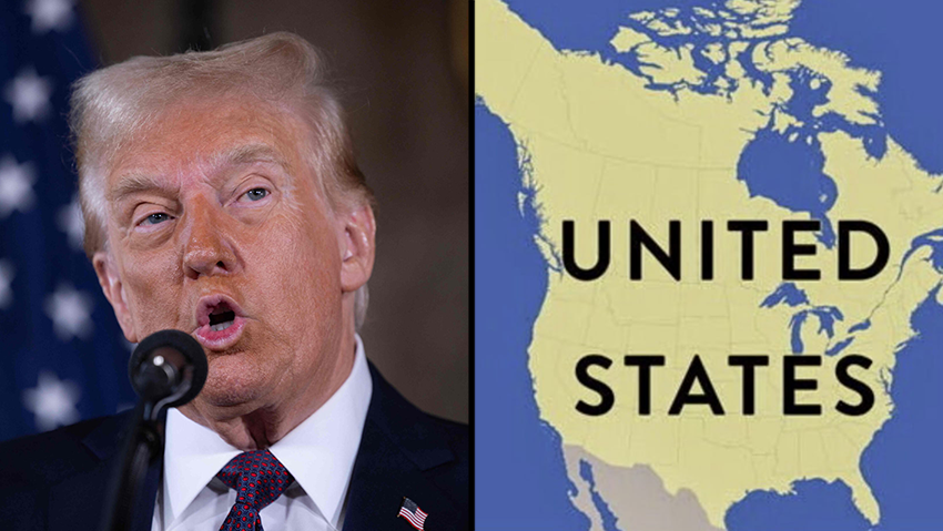 Trump and a map he posted on Truth Social, with ‘United States’ written across Canada as well (Photo: SCOTT OLSON / GETTY IMAGES NORTH AMERICA / AFP) דונלד טראמפ פרסם תמונה של קנדה כחלק מ ארה"ב