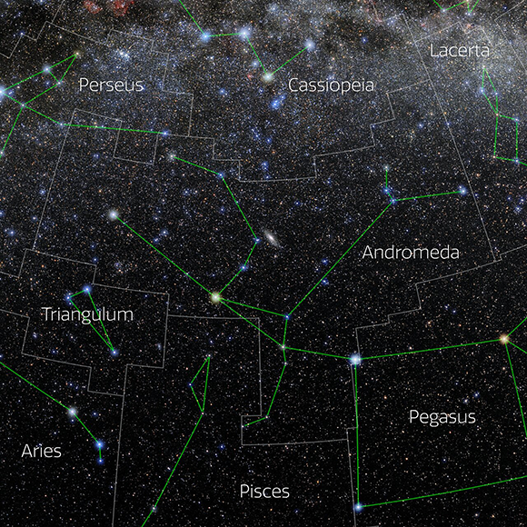 Bringing the skies to the classroom. A labeled and illustrated image of the Andromeda constellation from the 88 Constellations project (Credit: E. Slawik/NOIRLab/NSF/AURA/M. Zamani) Bringing the skies to the classroom. A labeled and illustrated image of the Andromeda constellation from the 88 Constellations project