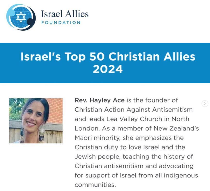 Rev. Hayley Ace named among Top 50 Christian Allies of Israel