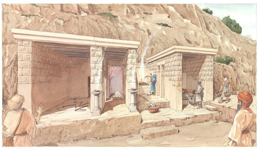 Possible reconstruction of the building (Illustration: Sharon Kelver, City of David Park) הצעת שחזור של המבנה הפולחני