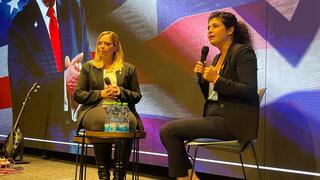 Deputy Foreign Minister Sharren Haskel (right) on stage at the Jerusalem celebration of U.S. President Donald Trump