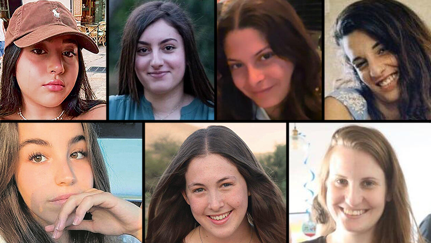 קולאז' חטופות קרינה ארייב, לירי אלבג, דניאלה גלבוע, אגם ברגר, נעמה לוי, ארבל יהוד ו שירי ביבס