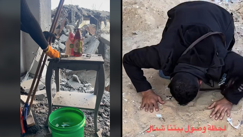 חצאים עזתים שחזרו לצפון רצועת עזה מנקים את ההרס ומנקים את האדמה