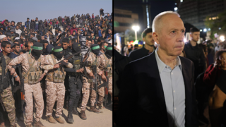 חצאים חצי ארבל יהוד וגדי מוזס עוברים לידי הצלב האדום, שר הביטחון לשעבר, יואב גלנט, בכיכר החטופים