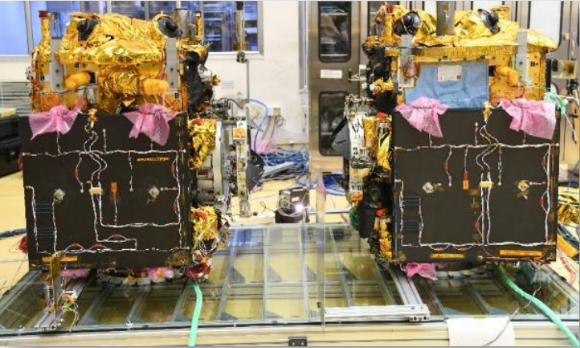 MBZ-SAT during launch preparations and a simulation of its orbit around Earth (Photo: ISRO) MBZ-SAT during launch preparations and a simulation of its orbit around Earth