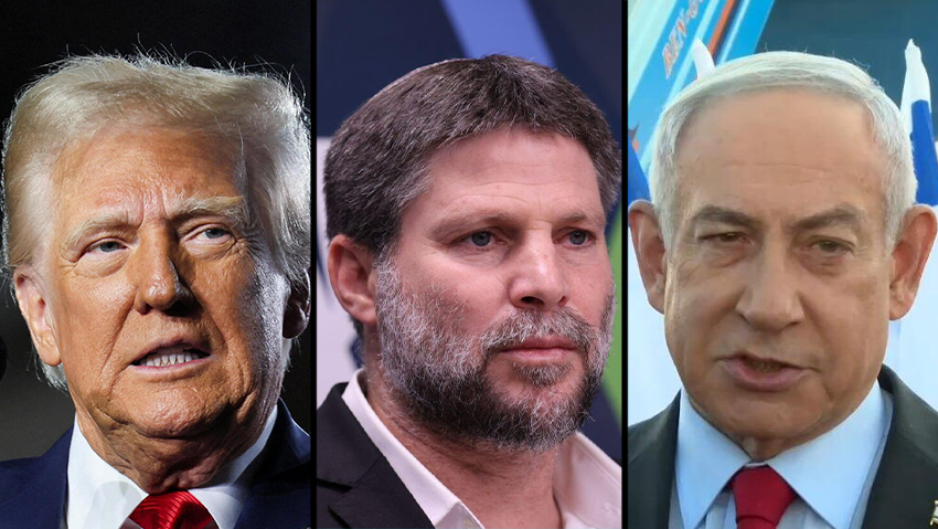 U.S. President Donald Trump, Finance Minister Bezalel Smotrich, Prime Minister Benjamin Netanyahu (Photo: Alex Kolomoisky, Itay Beit-On/GPO, REUTERS/Leah Millis) שלישים בצלאל סמוטריץ , ביבי בנימין נתניהו, דונדלד טראמפ