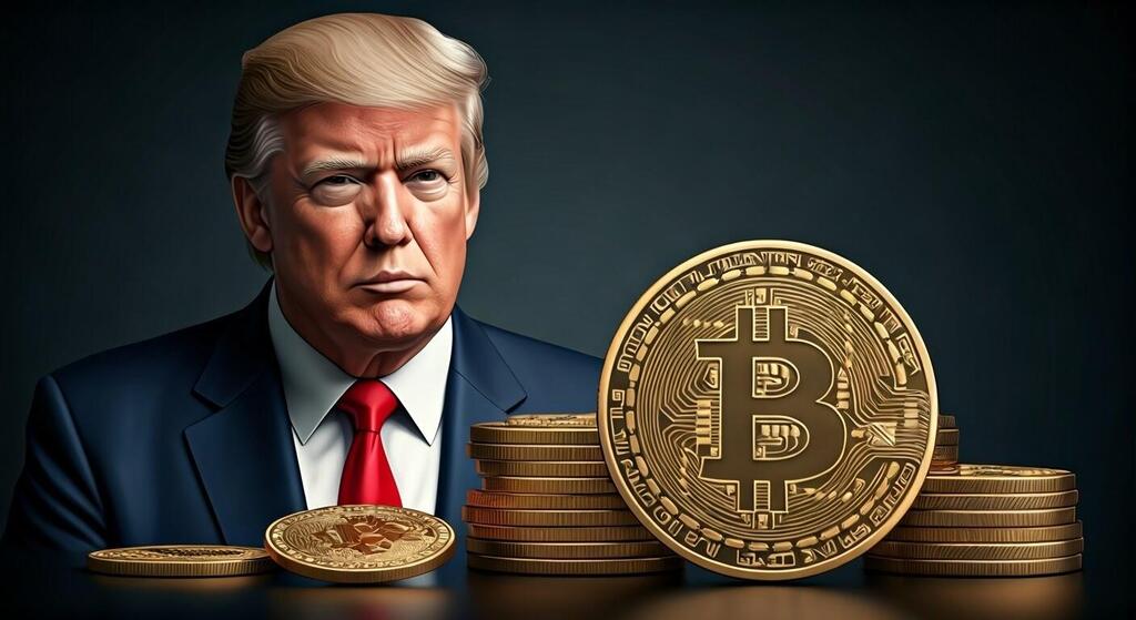US President Donald Trump and bitcoin (Illustration: Shutterstock) דונלד טראמפ ומטבע הביטקוין