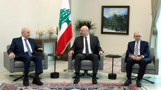 Lebanese Parliament Speaker Nabih Berri, President Joseph Aoun and Prime Minister-designate Nawaf Salam meet at the Presidential Palace in Baabda