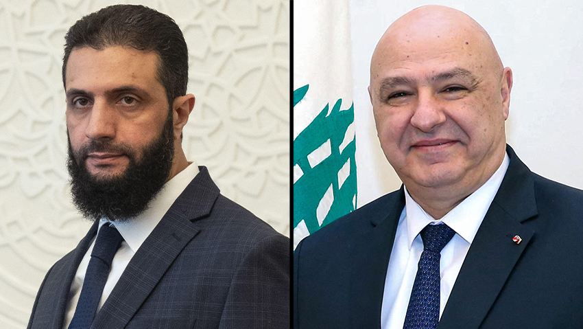 Syrian President Ahmed al-Sharaa and Lebanese President Michael Aoun (Photos: Mosa'ab Elshamy, File/ AP, Lebanese Presidency / AFP) חצי חצאים אבו מוחמד אל-ג'ולאני נשיא סוריה הזמני, נשיא ממשלת לבנון ג'וזף עאון