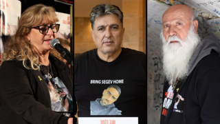 דני מירן, אבא של עמרי מירן, קובי כלפון, אבא של שגב כלפון, עצרת בכיכר החטופים