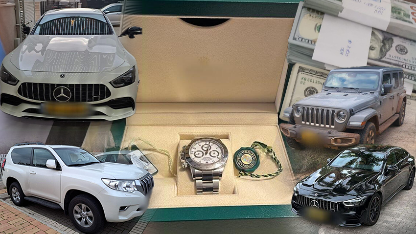 Luxury vehicles, cash and a Rolex watch seized by police during investigations into organized crime are displayed in a police handout (Photo: Israel Police) הרכבים והציוד שהוחרמו