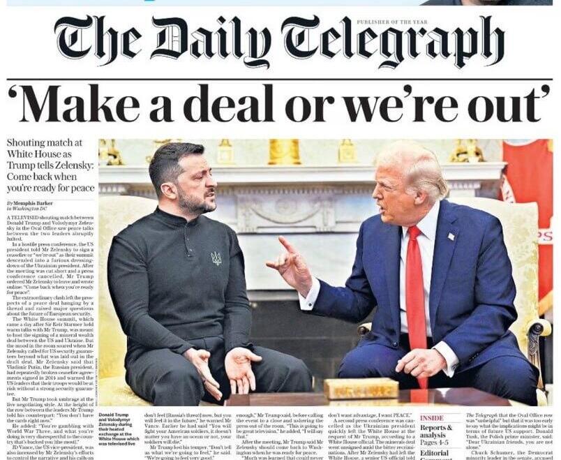 שער עיתון ה- daily telegraph מציג את הויכוח בין טראמפ לזלנסקי 