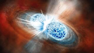 הדמיה של שני כוכבי ניטרונים שמתנגשים ויוצרים קילונובה