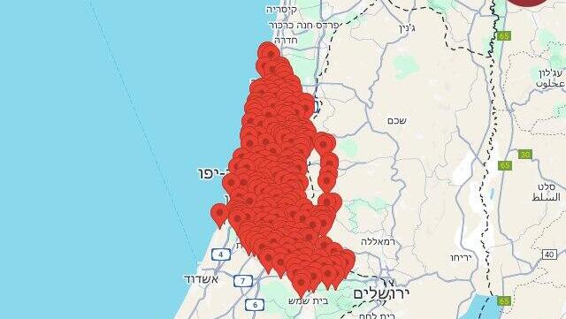  מפת האזעקות בשרון והשפלה בעקבות טיל ששוגר מתימן