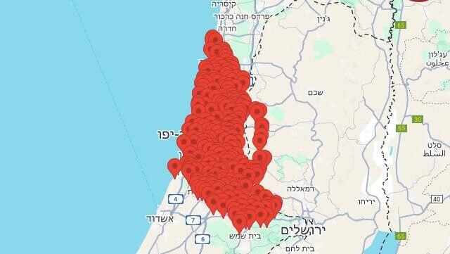  מפת האזעקות בשרון והשפלה בעקבות טיל ששוגר מתימן