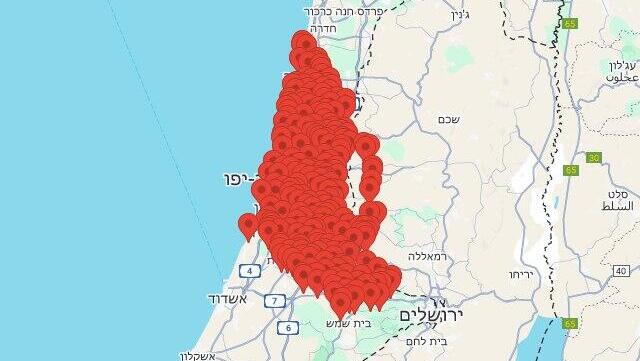  מפת האזעקות בשרון והשפלה בעקבות טיל ששוגר מתימן