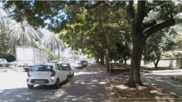 רחוב פנחס אילון בחולון. מימין צילום של ההצללה, משמאל הדמאה תרמית שבה ניתן לראות שטמפרטורת המשטח מתחת לעצים היא כ-30 מעלות צלזיוס