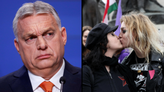 הפגנה מחוץ לפרלמנט ב בודפשט הונגריה נגד שינויים בחוקה שיפגעו בזכויות להט"ב