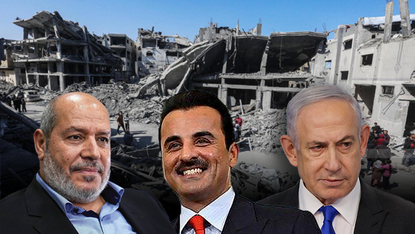 Халиль Аль-Хийя, эмир Катара, Биньямин Нетаниягу (Фото: Alexander Nemenov/Pool Photo via AP) שכונת שג'אעיה לאחר תקיפות חיל האוויר, נתניהו, חליל אל חיה ,אמיר קטאר