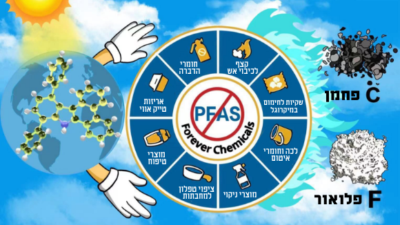 Illustration shows PFAS chemicals, the products they’re found in, and their breakdown into carbon and fluorine 