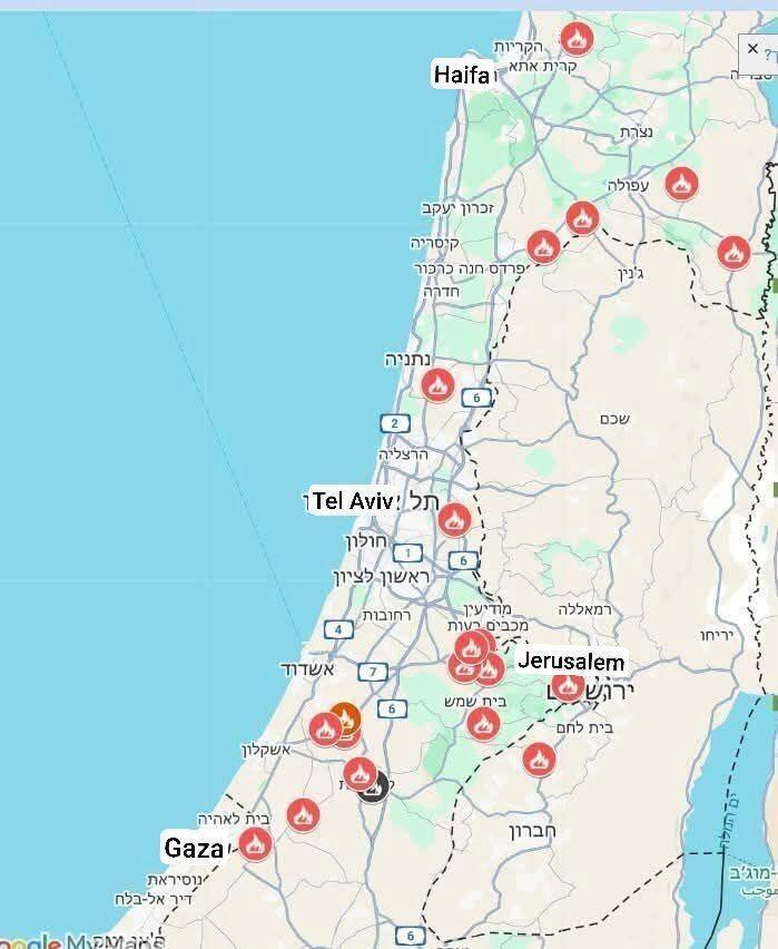 A map showing locations of the fires in Israel, all of which are located on the Israeli side of the Green Line or the border with Gaza (Photo: Telegram) A map showing locations of the fires in Israel, all of which are located on the Israeli side of the Green Line or the border with Gaza