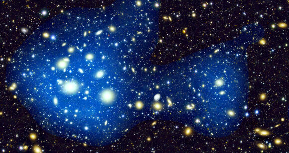 Mapping of dark matter (marked as a blue cloud) against the background of galaxies, showing a large concentration to the right of the Perseus Cluster (on the left side of the image) and a bridge of dark matter connecting them (Photo: HyeongHan et al) Mapping of dark matter (marked as a blue cloud) against the background of galaxies, showing a large concentration to the right of the Perseus Cluster (on the left side of the image) and a bridge of dark matter connecting them