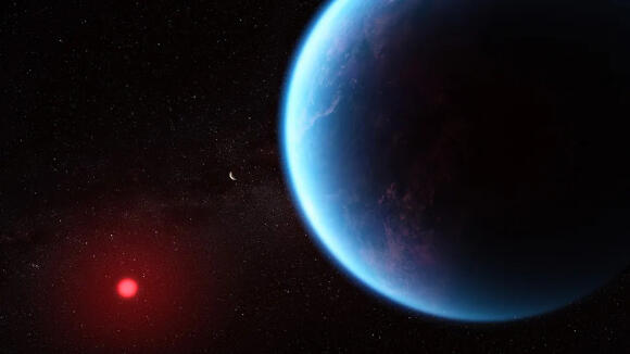 An artist’s rendition of the planet K2-18b, with its host star rising on the left (Illustration: NASA, CSA, ESA, J. Olmsted (STScI), Science: N. Madhusudhan, Cambridge University) An artist’s rendition of the planet K2-18b, with its host star rising on the left
