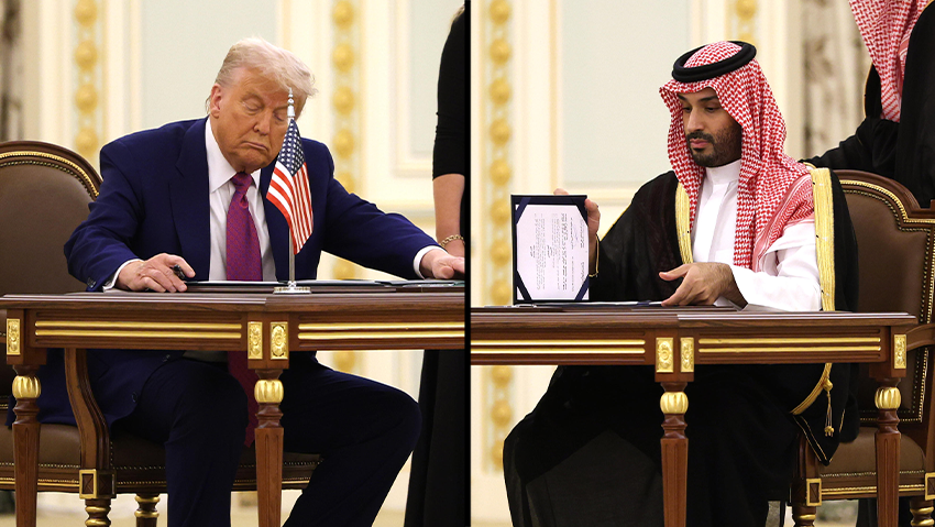 President Donald Trump and Saudi Crown Prince Mohammed bin Salman sign strategic economic agreements in Saudi Arabia (Photos: Win McNamee/Getty Images) חצאים דונלד טראמפ מוחמד בן סלמאן חתימה על הסכמים כלכליים אסטרטגיים ב סעודיה