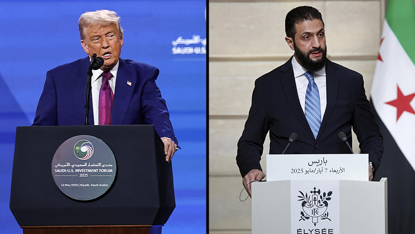 US President Donald Trump and Syrian leader Muhammad al-Julani (Photos: Hamad I Mohammed/Reuters, Stephanie Lecocq/Pool via AP) חצאים של דונלד טראמפ, מוחמד אל-ג'ולאני