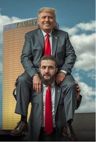 קריקטורות שיצרו מתנגדי משטר א-שרע בסוריה שתיארו אותו ב כמי שמתרפס על נשיא ארה"ב