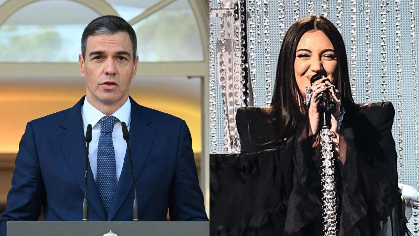 Spanish Prime Minister Pedro Sanchez; Israeli Eurovision contestant Yuval Raphael (Photo: Borja Puig de la BELLACASA / LA MONCLOA / AFP, Gil Nechushtan) יובל רפאל ופדרו סנצ'ס