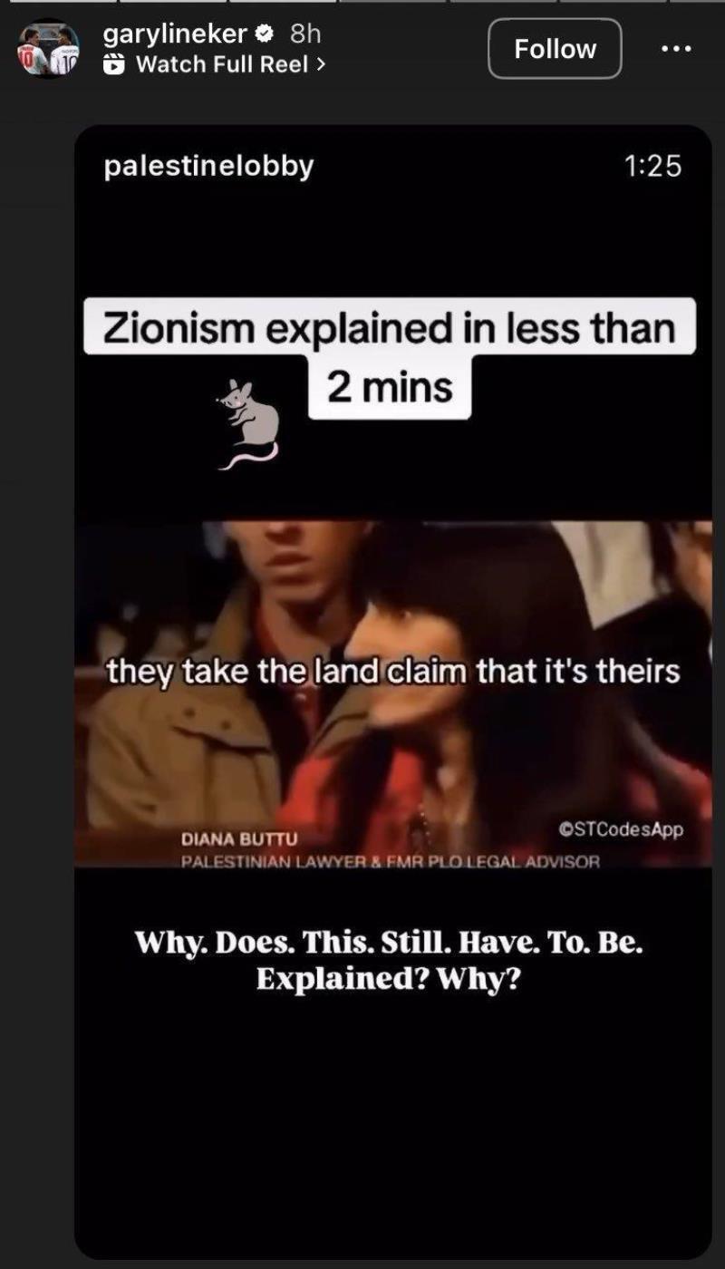 One of several antisemitic posts shared by Lineker since the Oct. 7 attack 