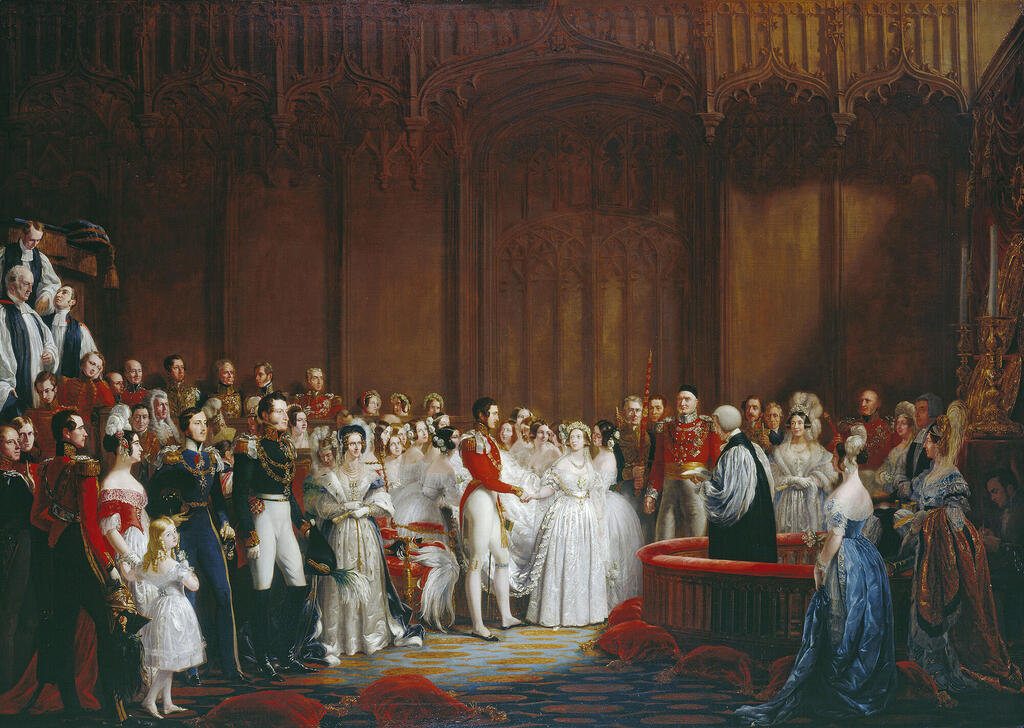 Queen Victoria and Prince Albert during their 1840 wedding (Painting: George Hayter, 1842) המלכה ויקטוריה והנסיך אלברט בחתונתם, 1840