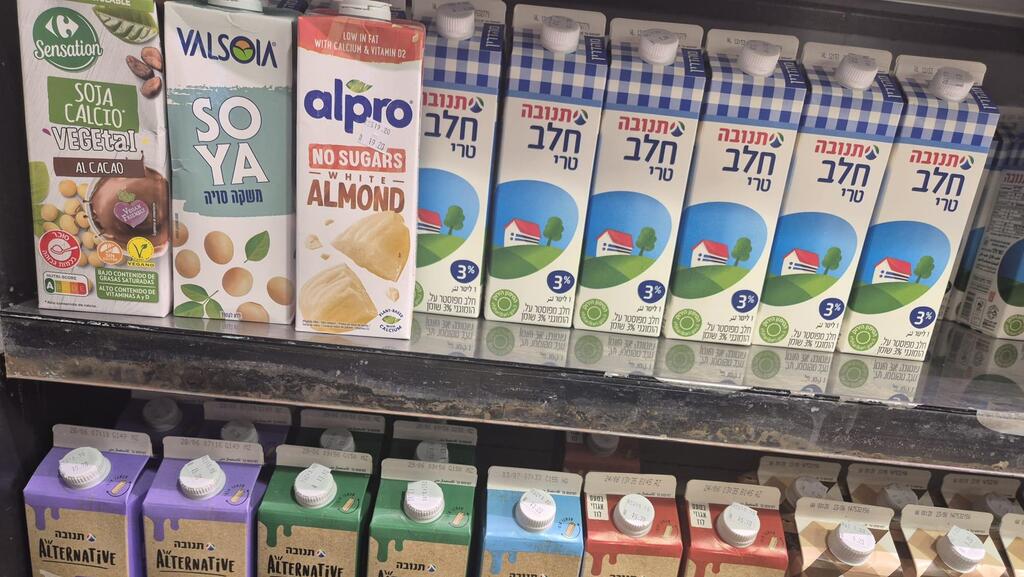 מדף בסופר עם חלב פרה ותחליפי חלב