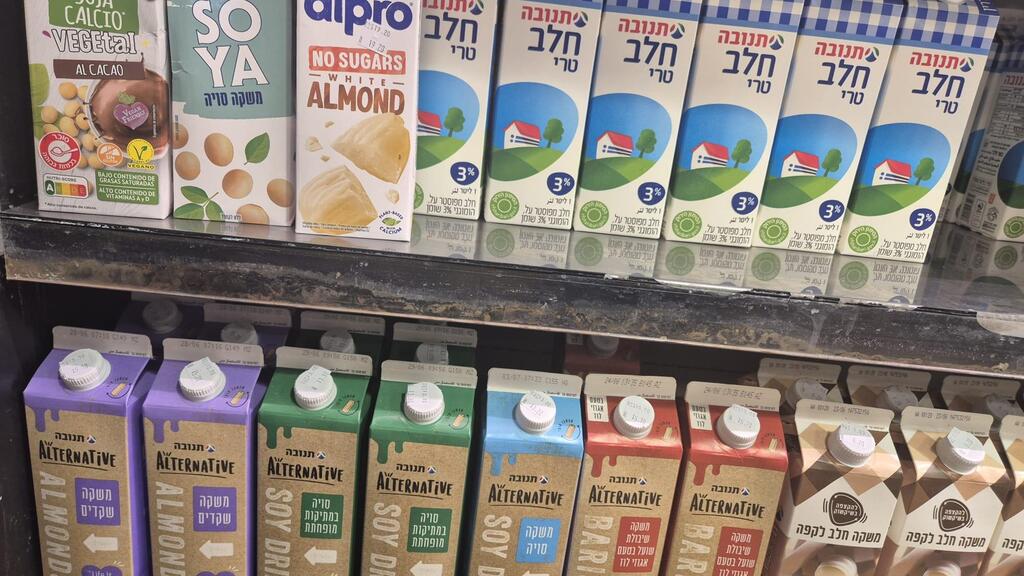 Молоко в Израиле (Фото: Мейрав Кристал) מדף בסופר עם חלב פרה ותחליפי חלב