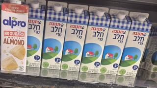 מדף בסופר עם חלב פרה ותחליפי חלב