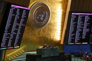 Votes of the UN General Assembly on a draft resolution demanding a ceasefire in the Gaza Strip, during an emergency session at the UN headquarters in New York 