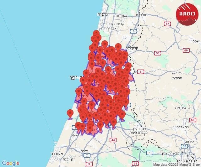  מפת האזעקות בעקבות מטח הטילים מאיראן 