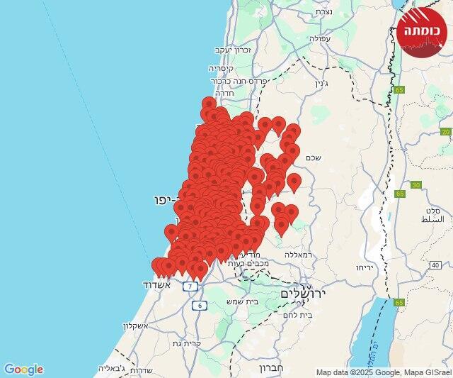 מפת אזעקות צבע אדום כומתה - מטח מאיראן